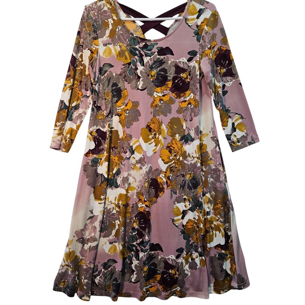 Nina Leonard Mauve Multicolored Floral Midi Dress Flowy Shift Baby Doll Small